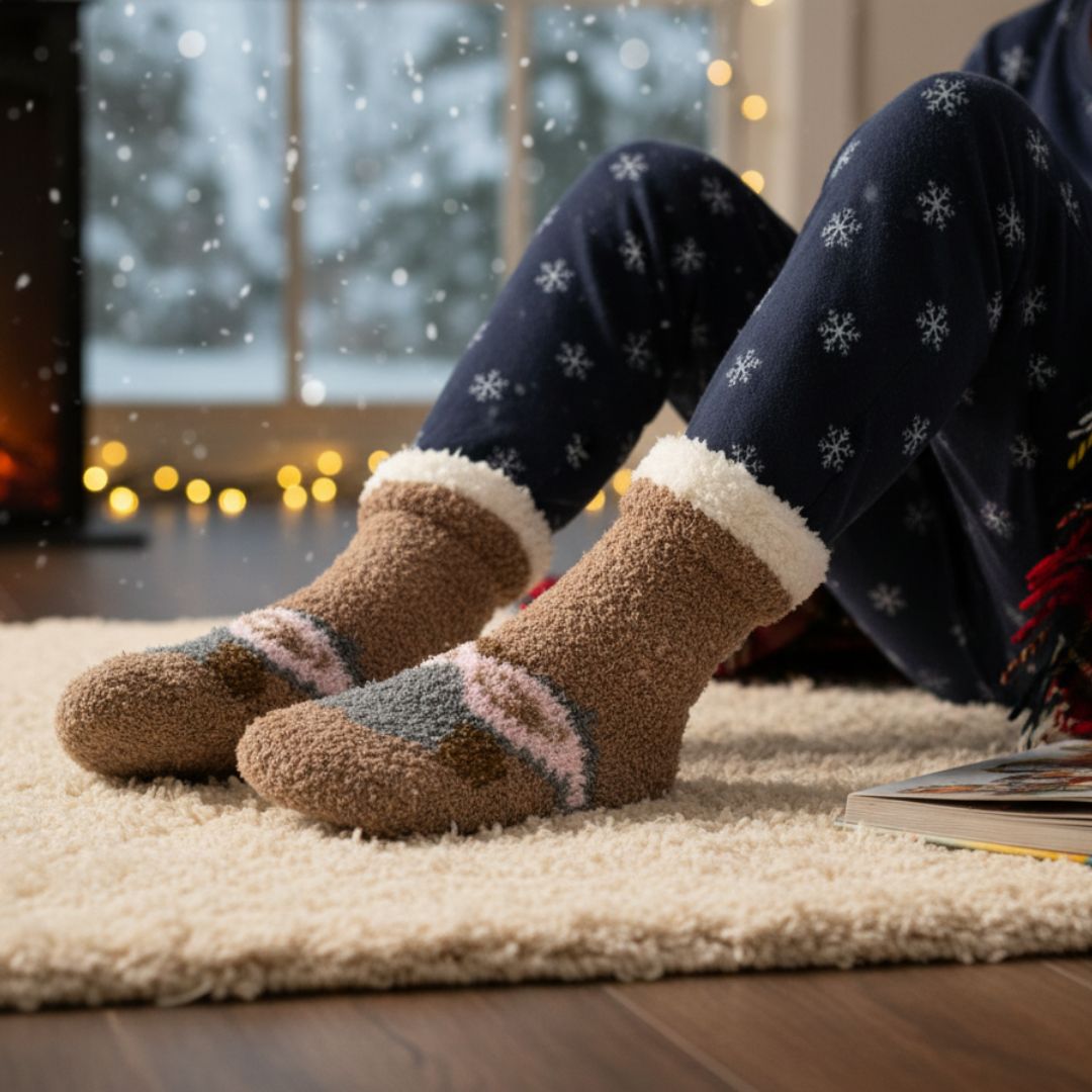Luxurious Plush Fleece Slipper Socks in Brown with Striped Accents and Fluffy Sherpa Cuff – Ideal for Cozy Loungewear