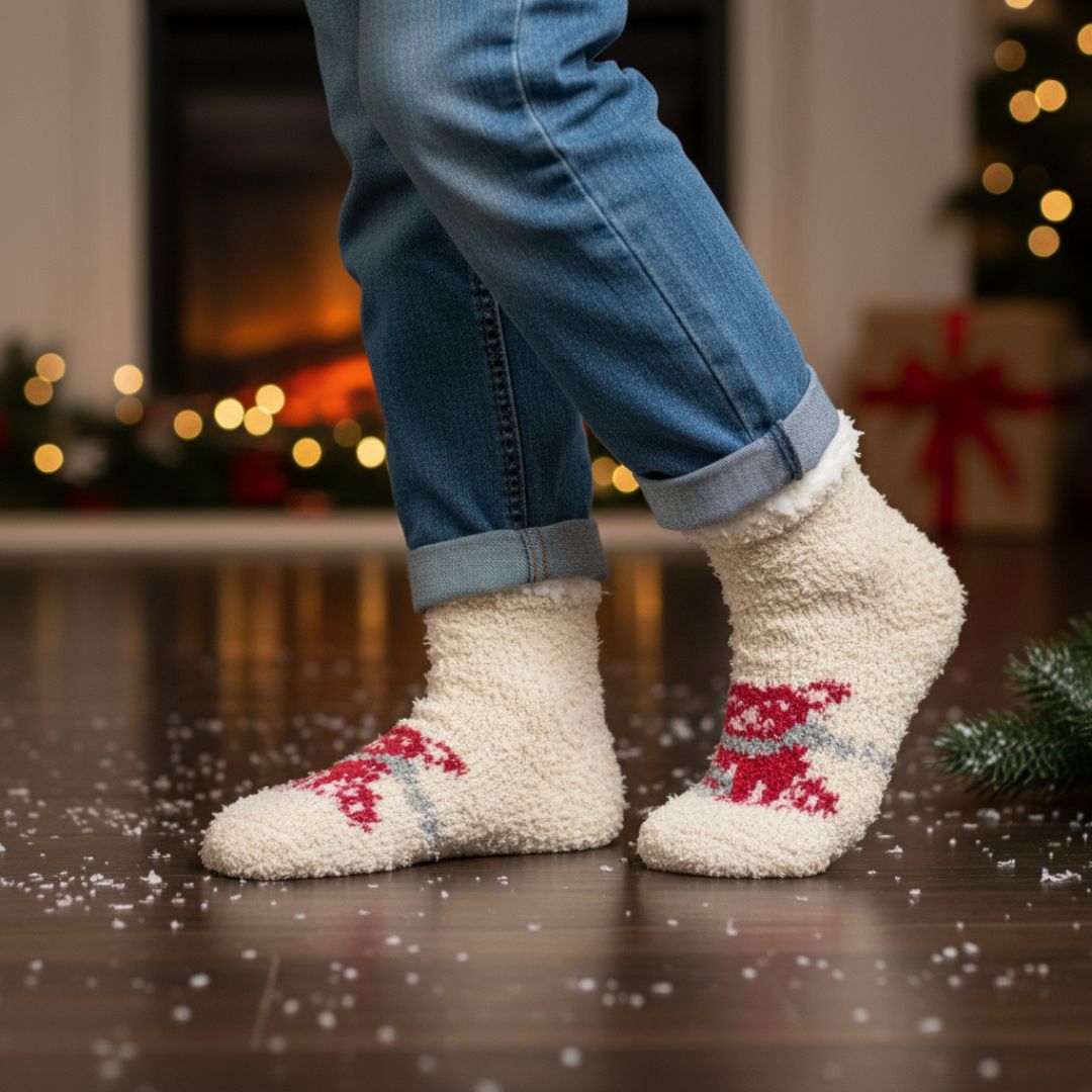 Ultra-Soft Plush Fleece Slipper Socks in Cream with Festive Red Knit Pattern and Sherpa Lining – Christmas Loungewear