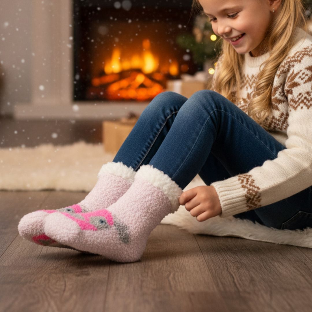 Ultra-Soft Plush Fleece Cozy Socks in Pink with Cute Knit-In Character Motif and Fluffy Sherpa Cuff
