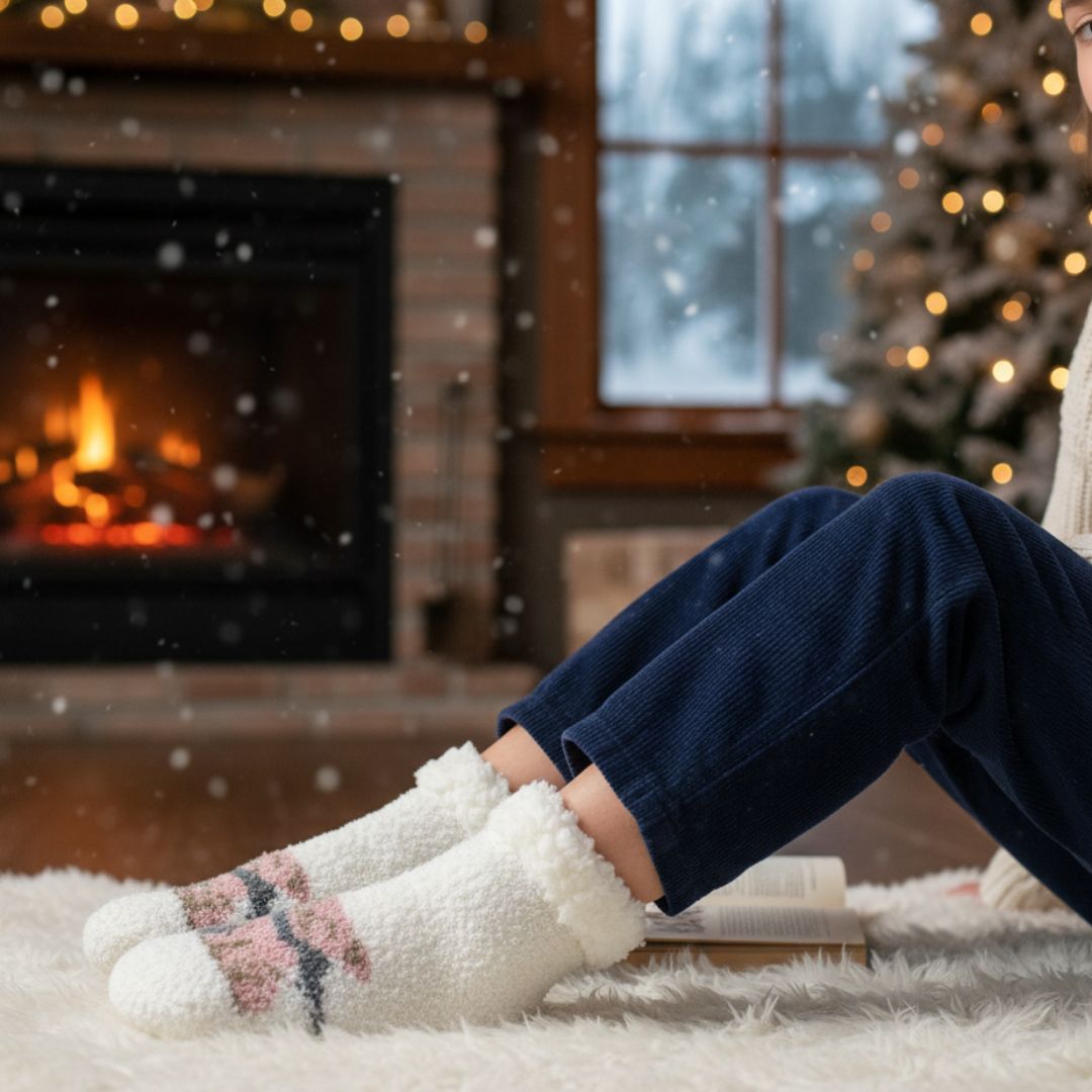 Luxurious Plush Fleece Cozy Socks in White with Knit-In Pink/Grey Pattern and Fluffy Sherpa Cuff – Cabin Loungewear