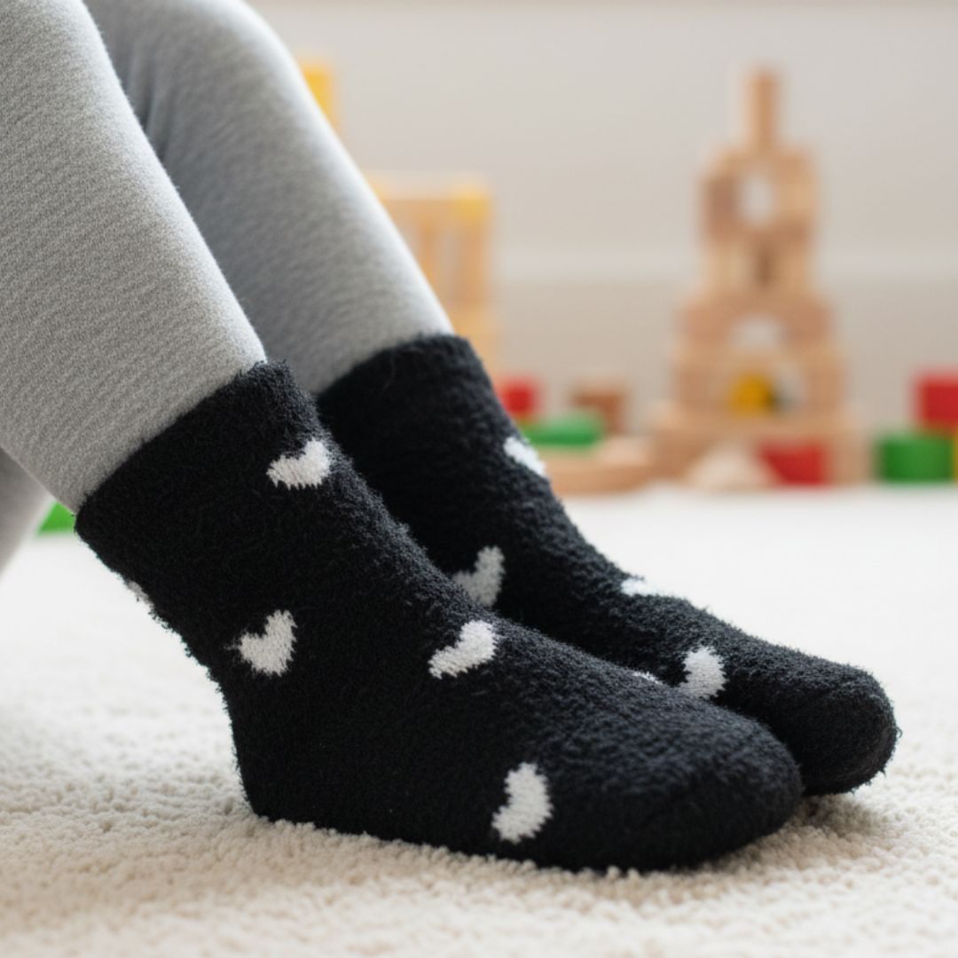 Ultra-Soft Plush Fleece Cozy Socks in Black with Charming White Heart Pattern – Perfect for Winter Loungewear