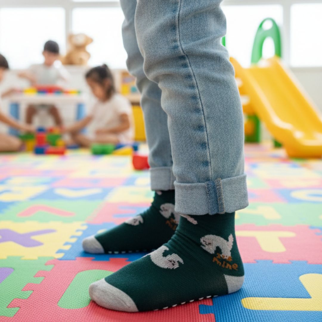 Breathable Cotton Kids' Anti-Skid Socks in Dark Green with Fun Bird Print - Image 3