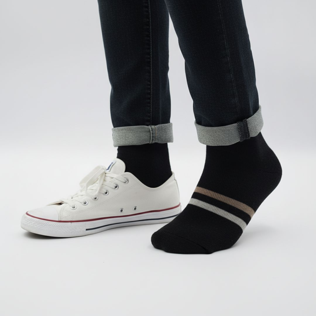 Men's Premium Black Ankle Woolen Socks with Contrast Double Sport Stripe - Image 3
