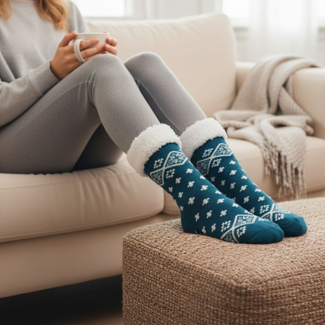 Ultra-Warm Blue Nordic Pattern Fleece-Lined Slipper Socks - Image 3