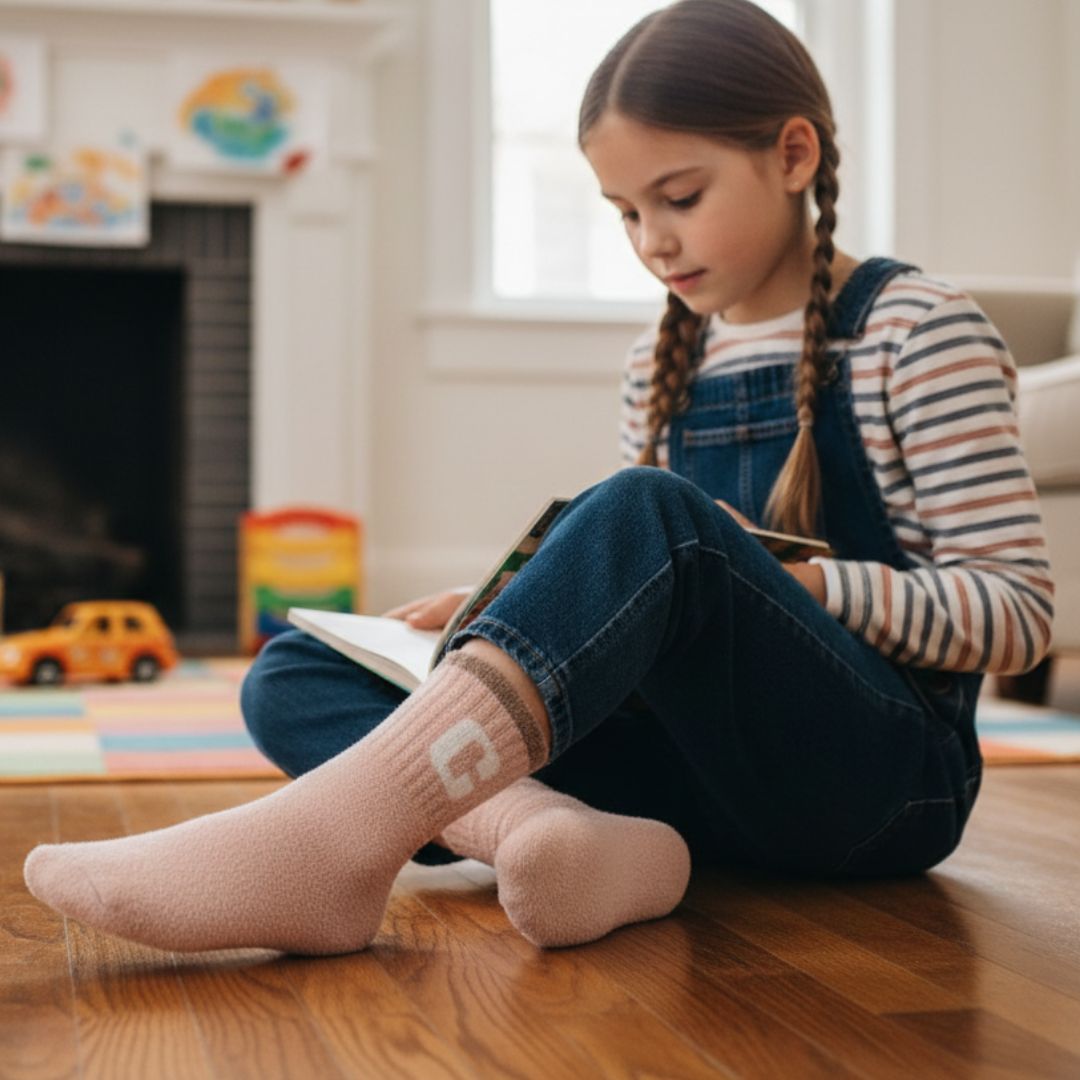Ultra-Soft Blush Pink Fuzzy Kids Crew Socks with Initial 'C' Logo - Image 3