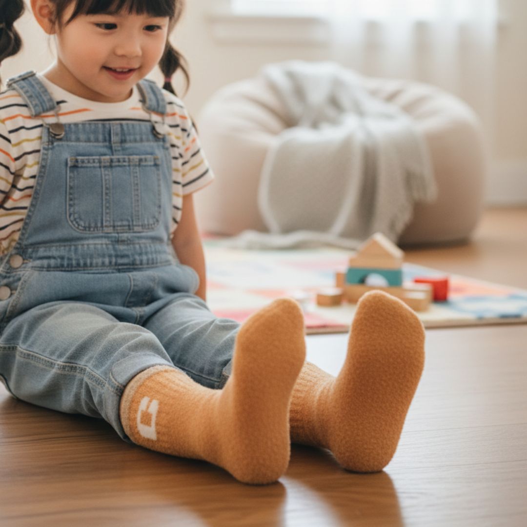 Ultra-Soft Mustard Yellow Fuzzy Kids Crew Socks with Initial 'C' Logo - Image 3