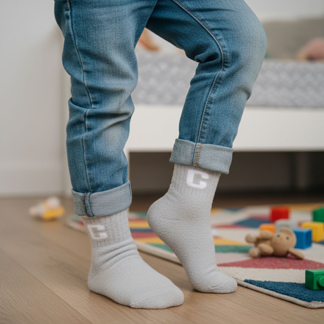 Ultra-Soft Light Grey Fuzzy Kids Crew Socks with Initial 'C' Logo - Image 3