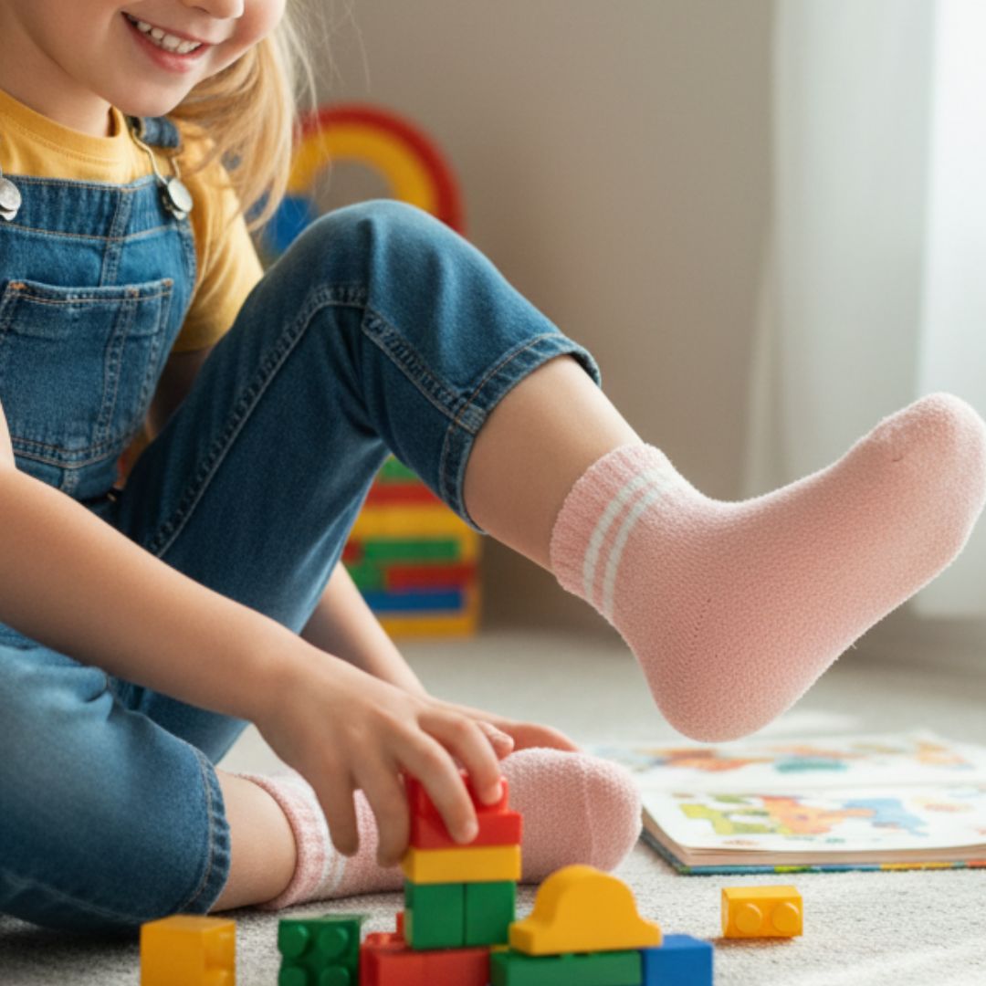 Ultra-Soft Light Pink Fuzzy Kids Crew Socks with Sporty Stripe Cuff - Image 3