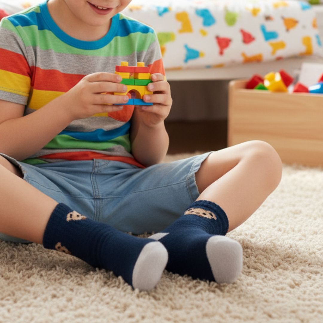 Kids' Breathable Navy Blue Ankle Socks with Contrast Toe and Bear Appliqué - Image 3