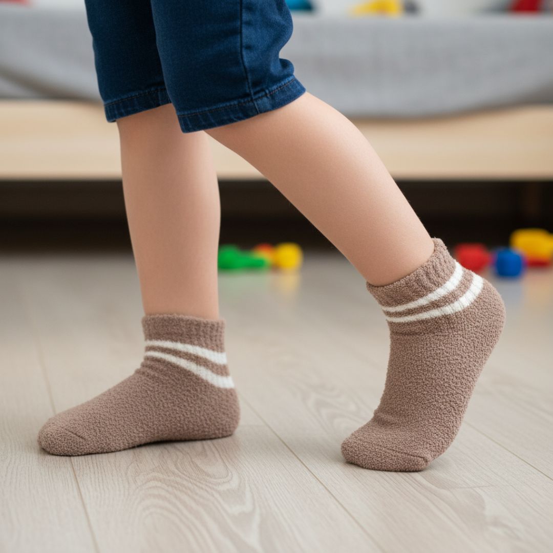 Ultra-Soft Warm Brown Fuzzy Kids Crew Socks with Sporty White Stripe Cuff - Image 3