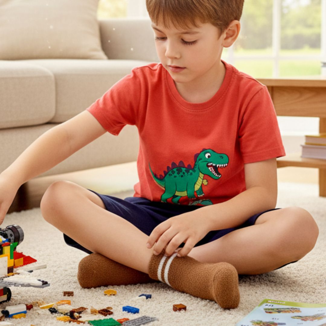 Kids' Super-Soft Fuzzy Thermal Ankle Socks | Brown & White Stripe - Image 3