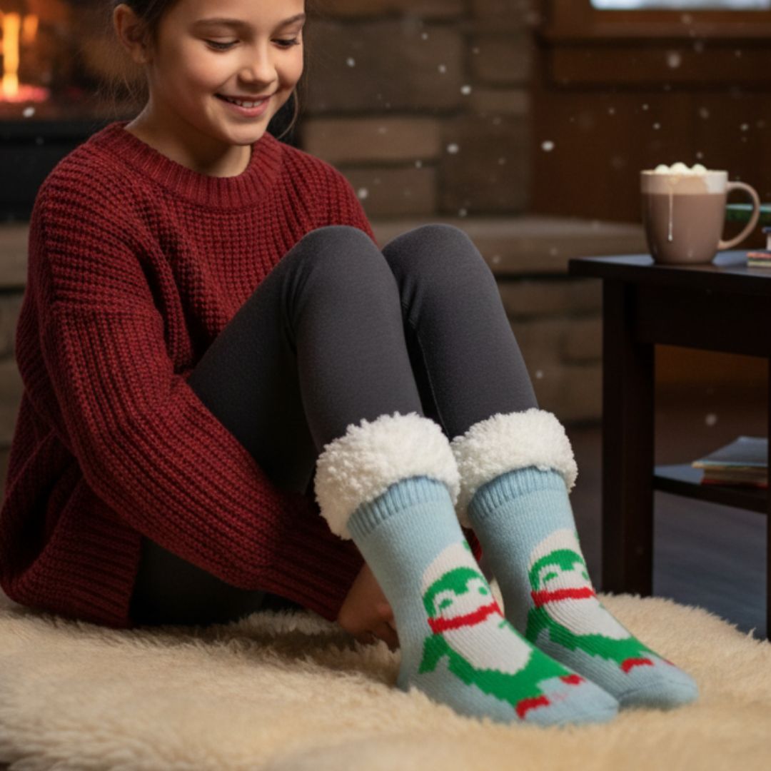 Ultra-Soft Plush Fleece Kids' Cozy Socks in Light Blue with Festive Character Motif and Sherpa Cuff - Image 3