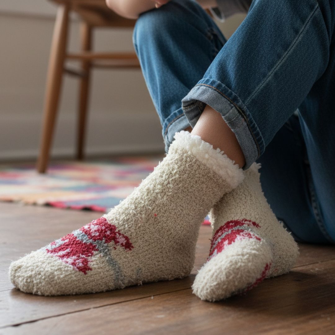 Ultra-Soft Plush Fleece Slipper Socks in Cream with Festive Red Knit Pattern and Sherpa Lining – Christmas Loungewear - Image 3