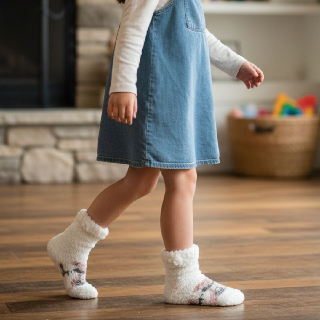 Luxurious Plush Fleece Cozy Socks in White with Knit-In Pink/Grey Pattern and Fluffy Sherpa Cuff – Cabin Loungewear - Image 3