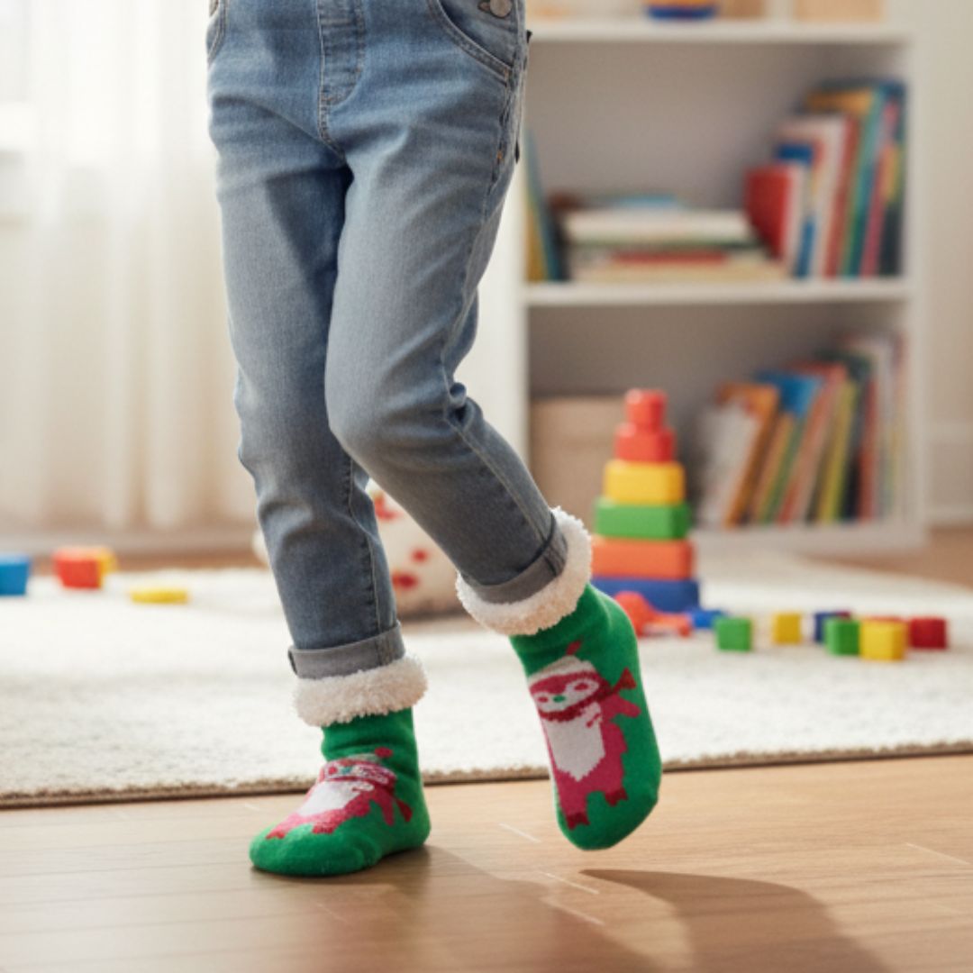 Ultra-Soft Plush Fleece Holiday Socks in Green with Character Motif, Sherpa Cuff, and Non-Skid Grips - Image 3