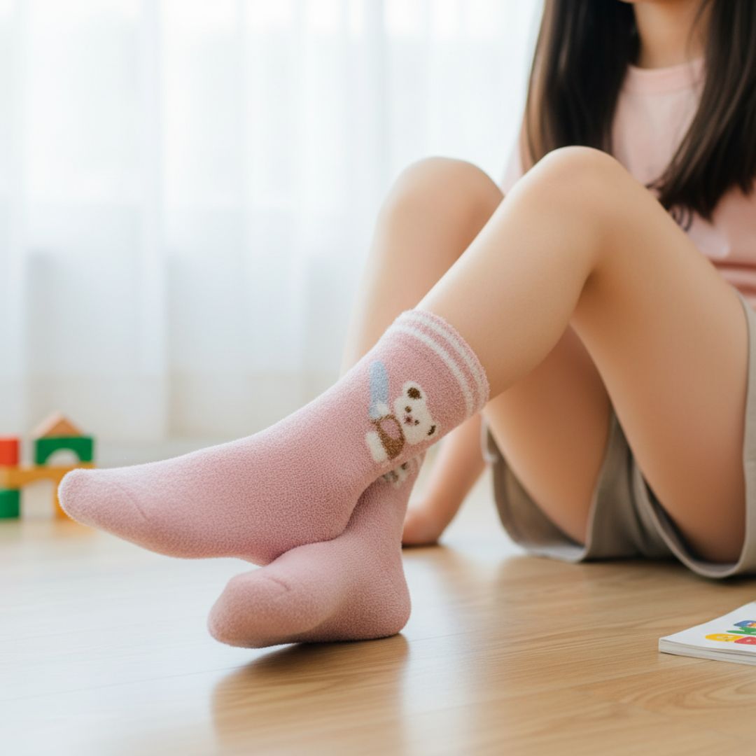 Ultra-Soft Fuzzy Pink Kids Crew Socks with Cute Bunny Design - Image 3