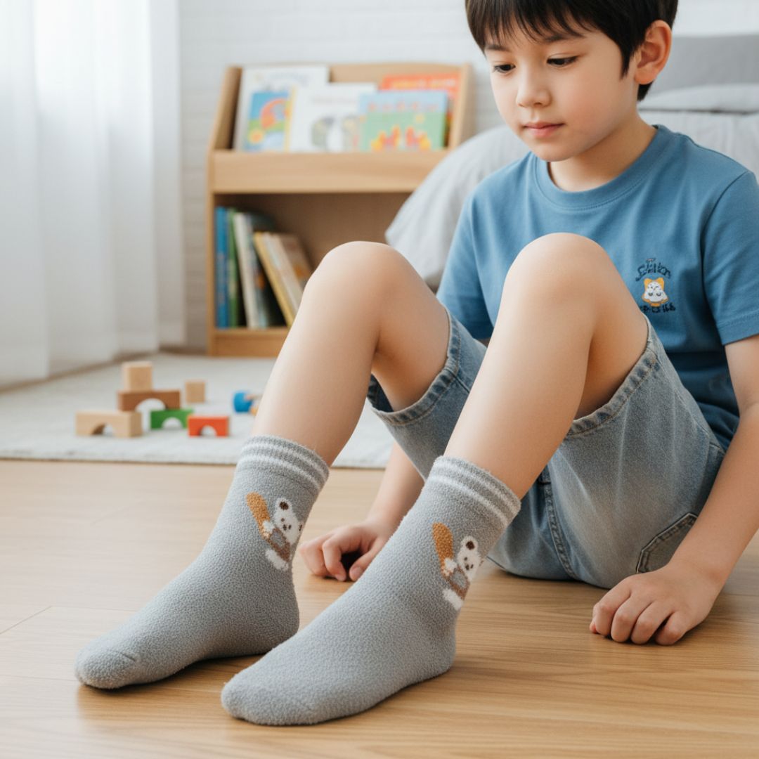 Ultra-Soft Fuzzy Grey Kids Crew Socks with Sweet Koala/Bear Design - Image 4