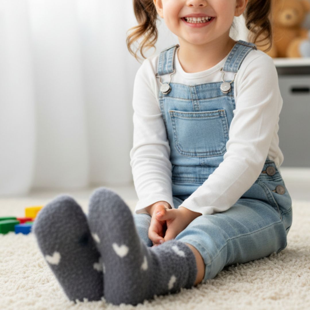 Fuzzy Grey Slipper Socks with White Hearts - Image 3