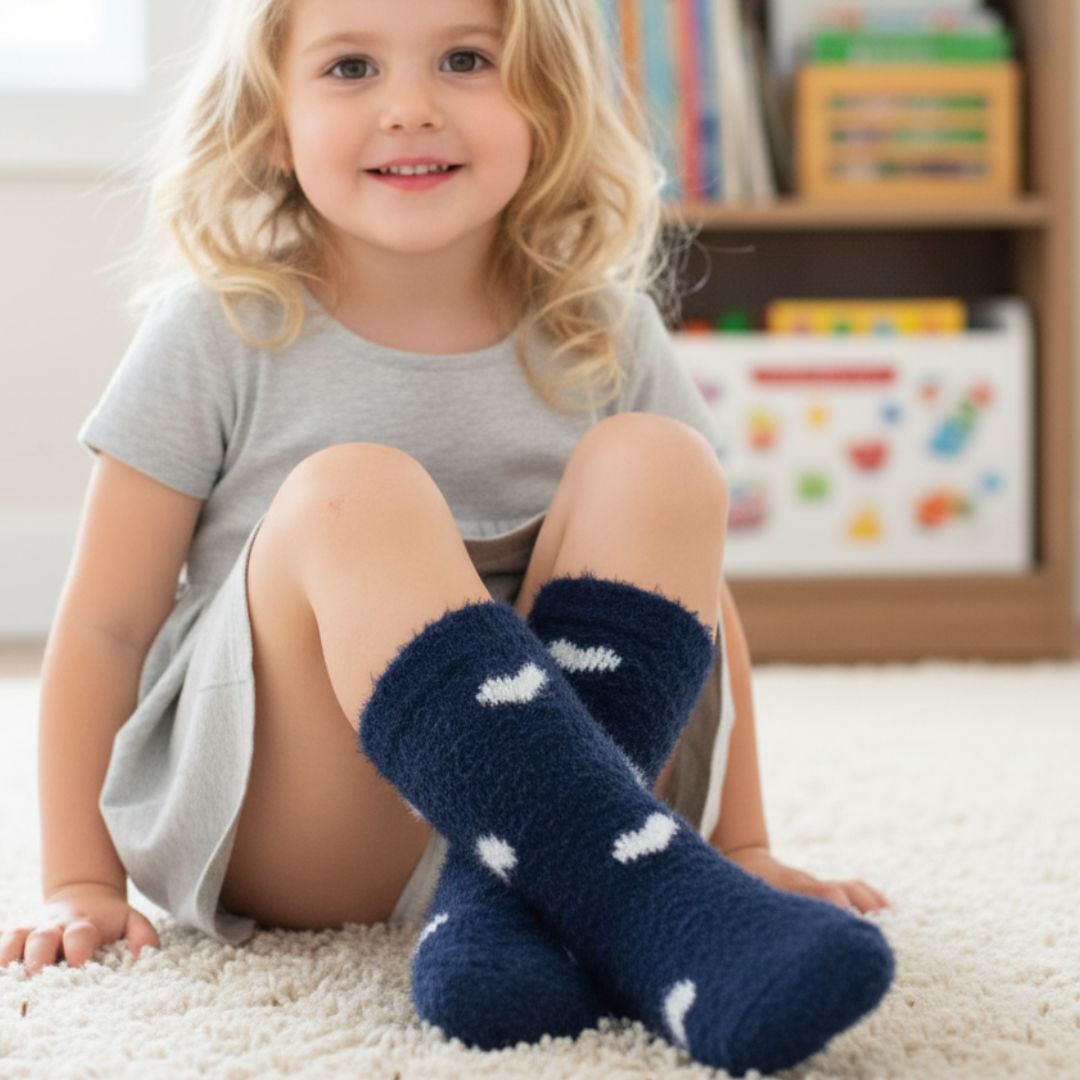 Thermal Knit Plush Socks in Deep Navy Blue with Charming White Heart Motif – Essential Winter Home Wear - Image 3