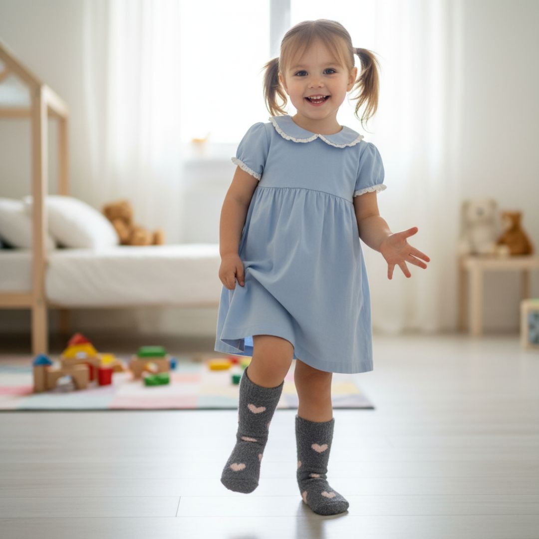 Plush Grey & Pink Heart Fuzzy Socks | Cozy Kids Socks Crew - Image 3