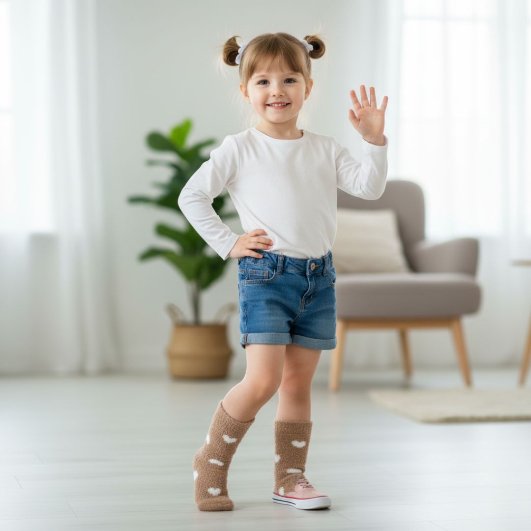Tan Fuzzy Kids Socks | Ultra Soft Light Brown Heart Crew Socks - Image 3