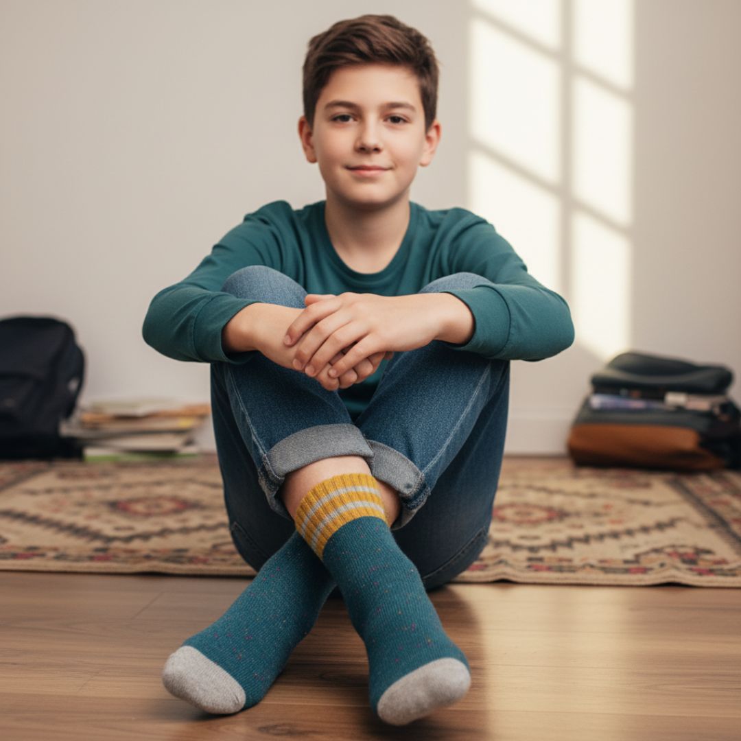 Speckled Teal Kids Socks | Mustard & Grey Striped Athletic Crew Socks - Image 3