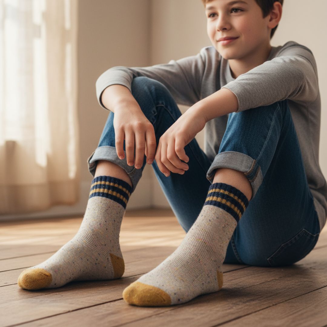 Speckled Beige Kids Socks | Durable Gold & Navy Striped Athletic Crew Socks - Image 3