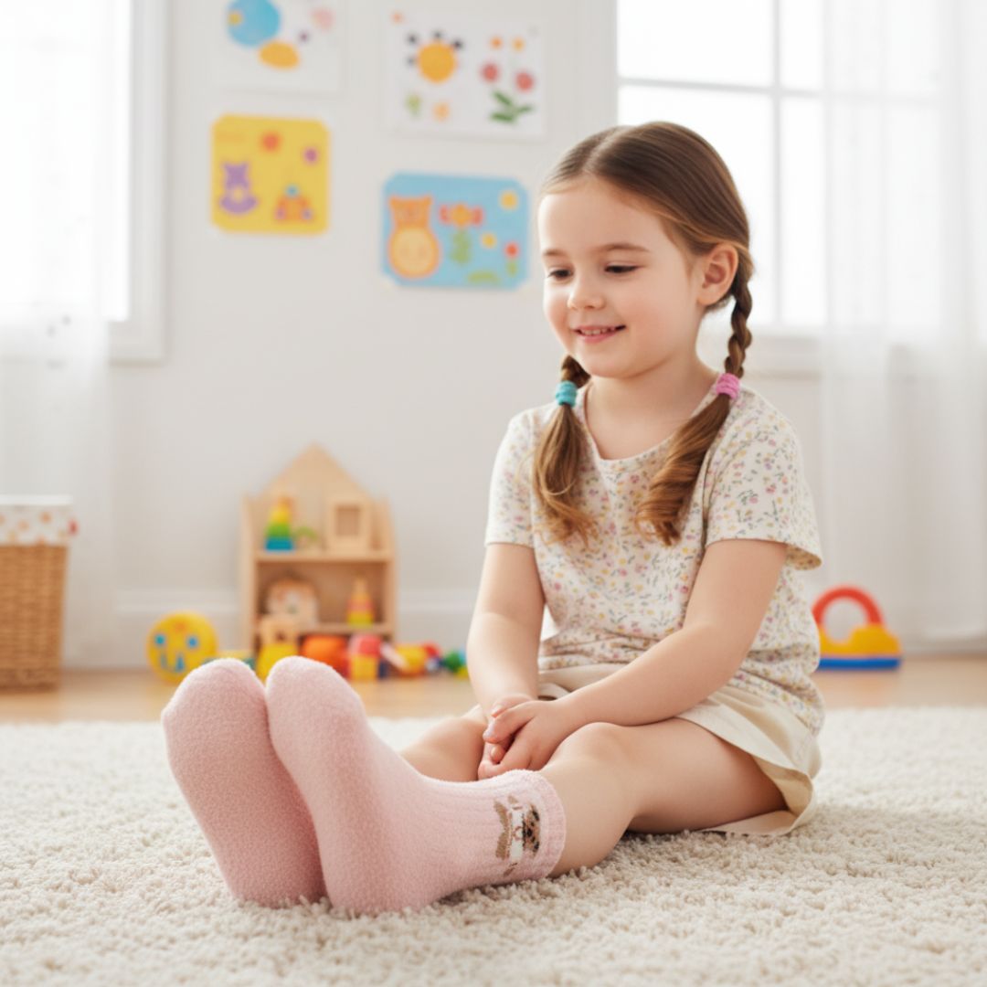 Soft Blush Pink Fuzzy Kids Socks | Teddy Bear Ankle Lounging Socks - Image 3