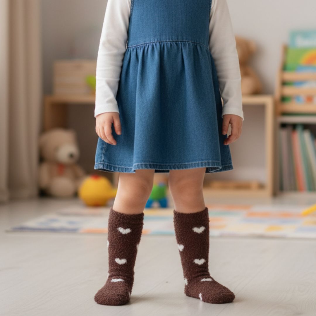 Kids' Ultra-Soft Fuzzy Heart Socks | Kid's Socks Brown Cozy Crew - Image 3