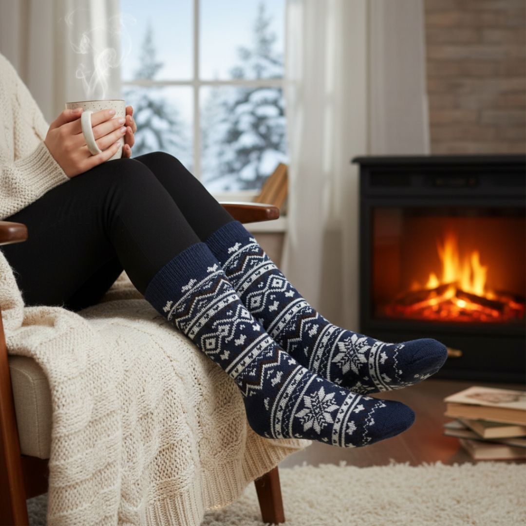 Extra-Long Nordic Unisex Thermal Home Socks | Cozy Navy Blue Snowflake Knit - Image 3