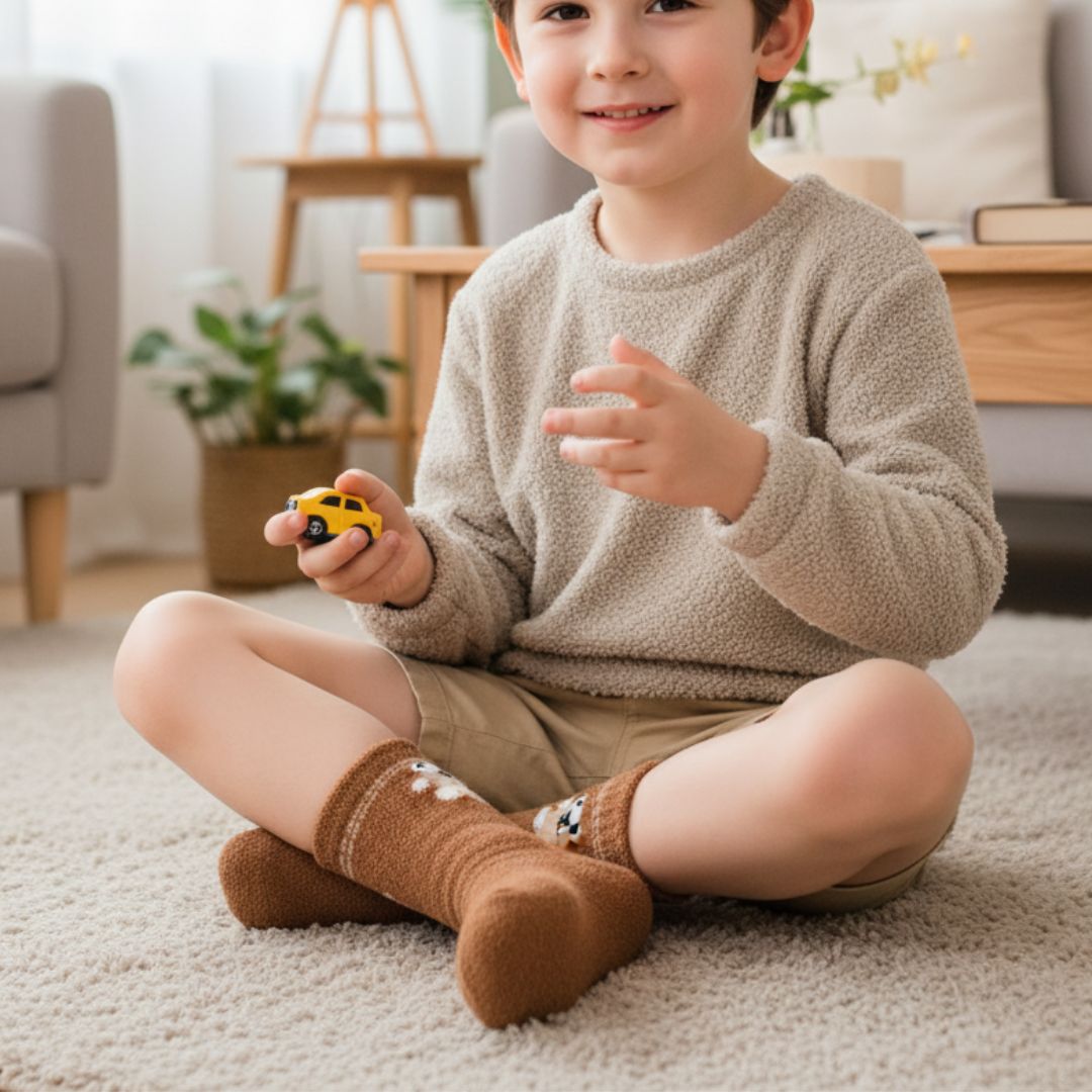 Soft Fuzzy Critter Kids Ankle Socks | Brown Animal Motif Short Socks - Image 3