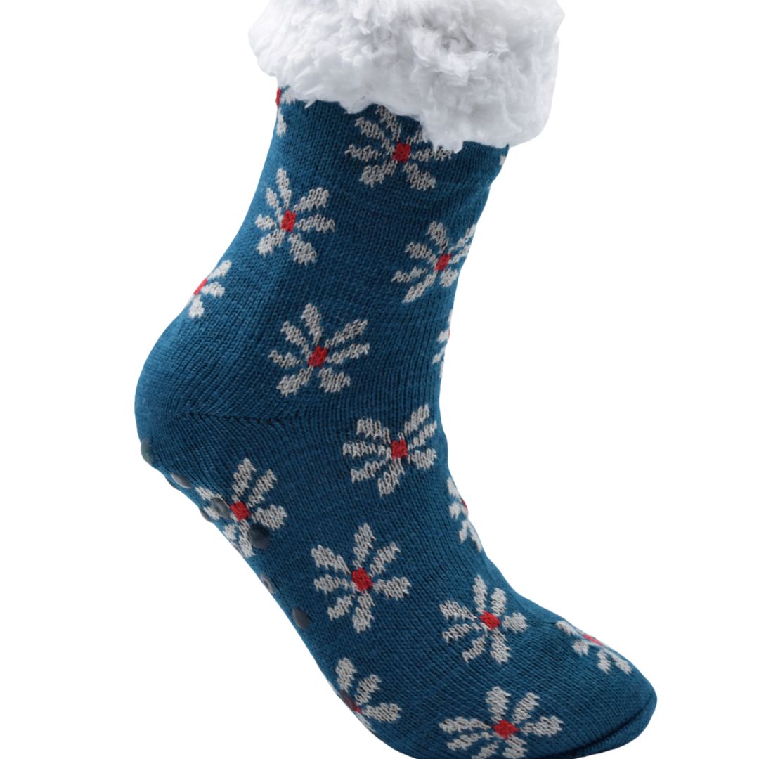 Teal Blue & White Fleece-Lined Anti-Slip House Socks | Warm Indoor Slipper Socks for Winter - Image 3
