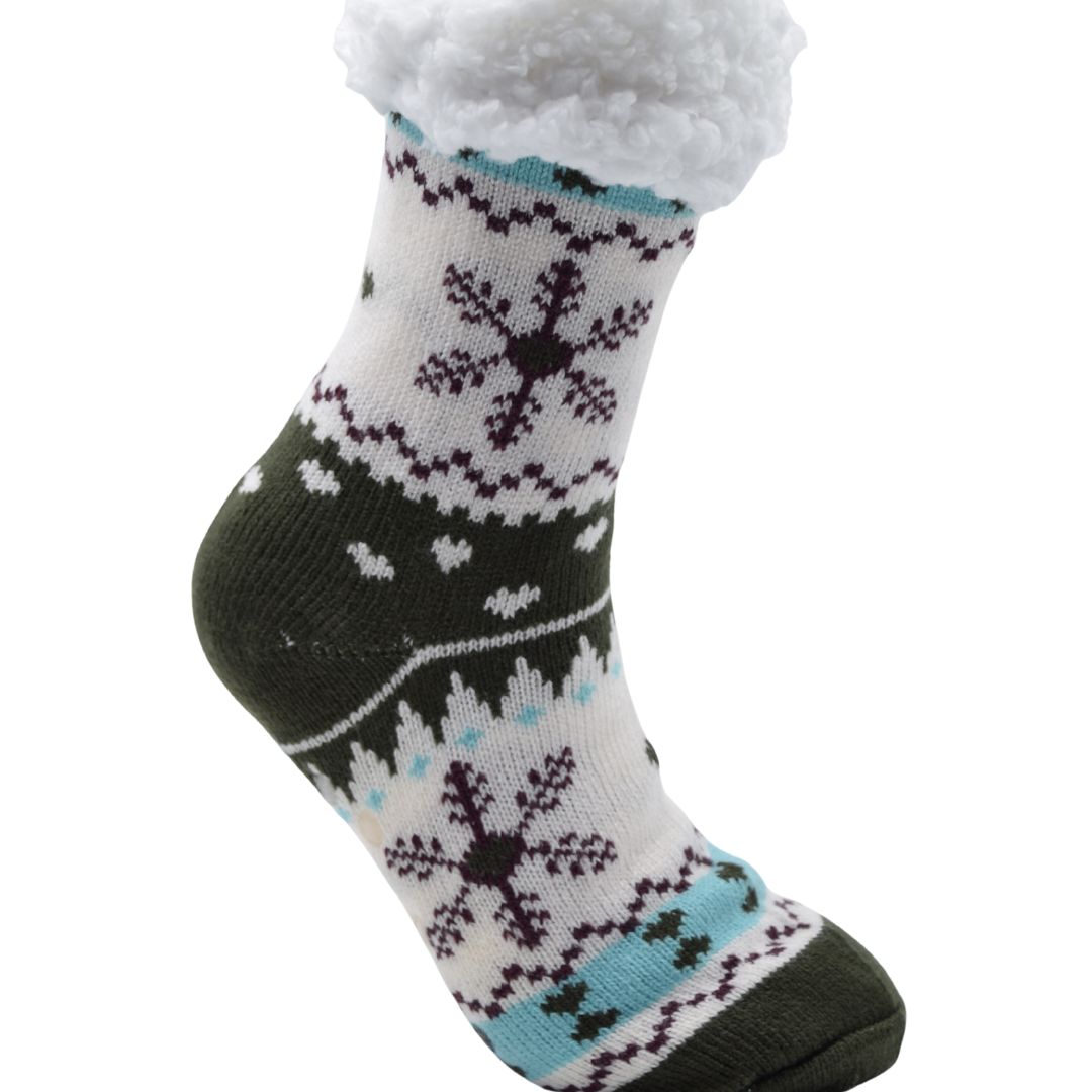 Green & White Anti-Slip House Socks | Warm Fleece-Lined Indoor Slipper Socks for Winter - Image 3