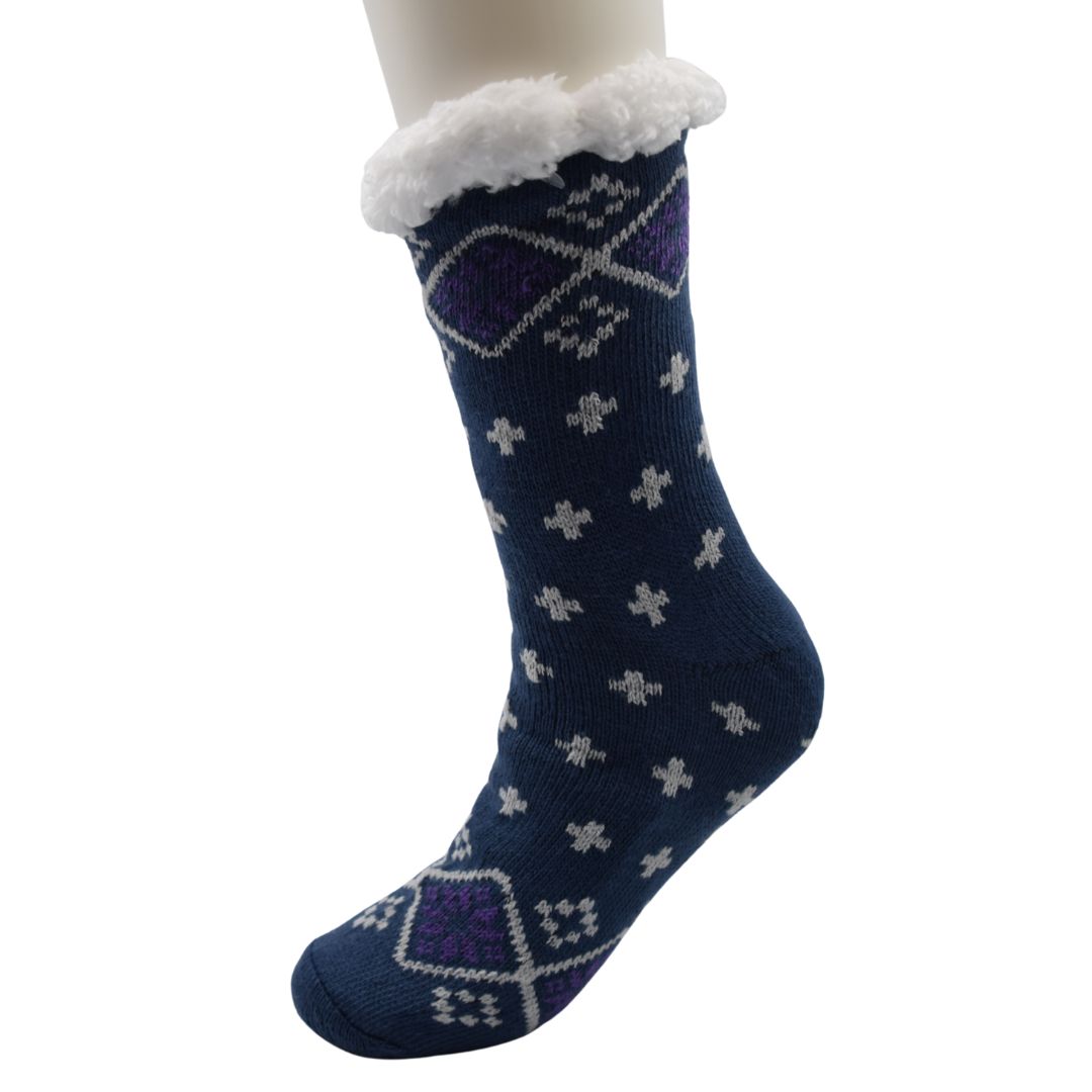 Ultra-Warm Navy Blue & Purple Nordic Pattern Fleece-Lined Slipper Socks - Image 4