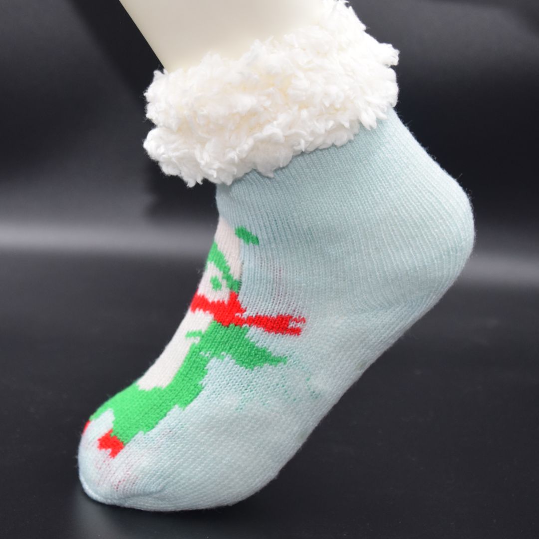 Ultra-Soft Plush Fleece Kids' Cozy Socks in Light Blue with Festive Character Motif and Sherpa Cuff - Image 4