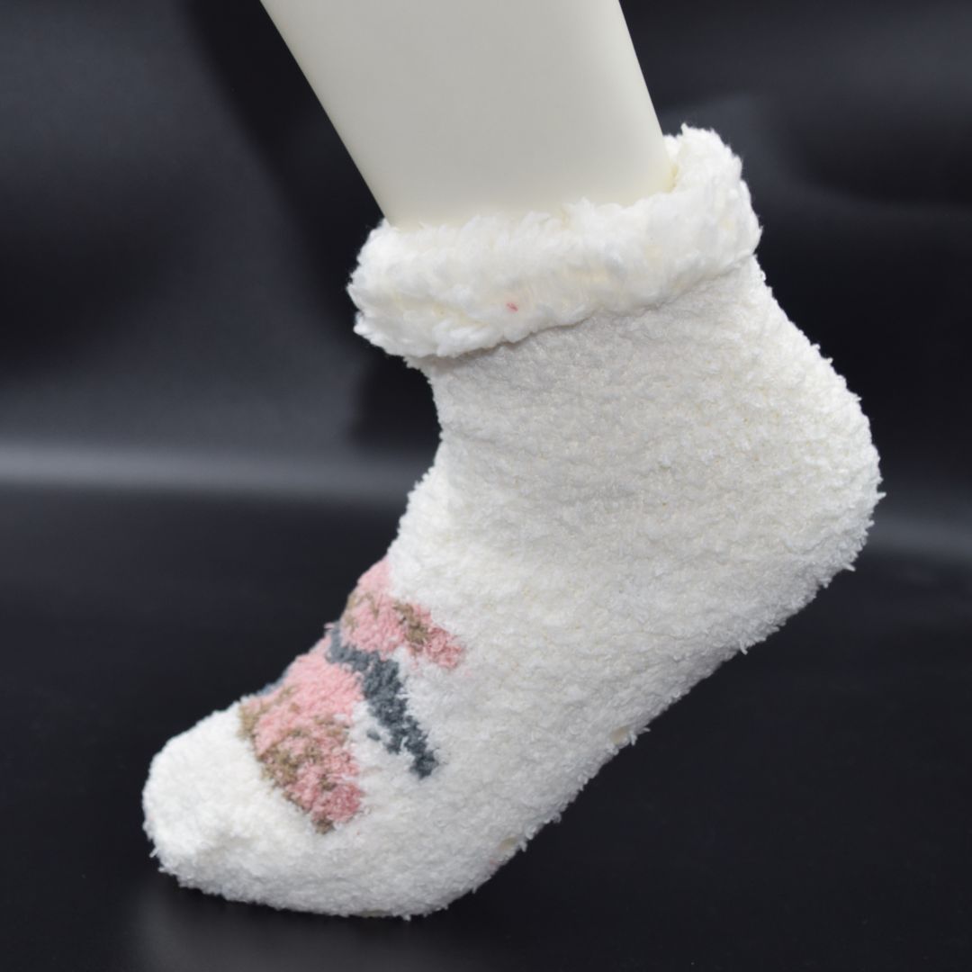 Luxurious Plush Fleece Cozy Socks in White with Knit-In Pink/Grey Pattern and Fluffy Sherpa Cuff – Cabin Loungewear - Image 4