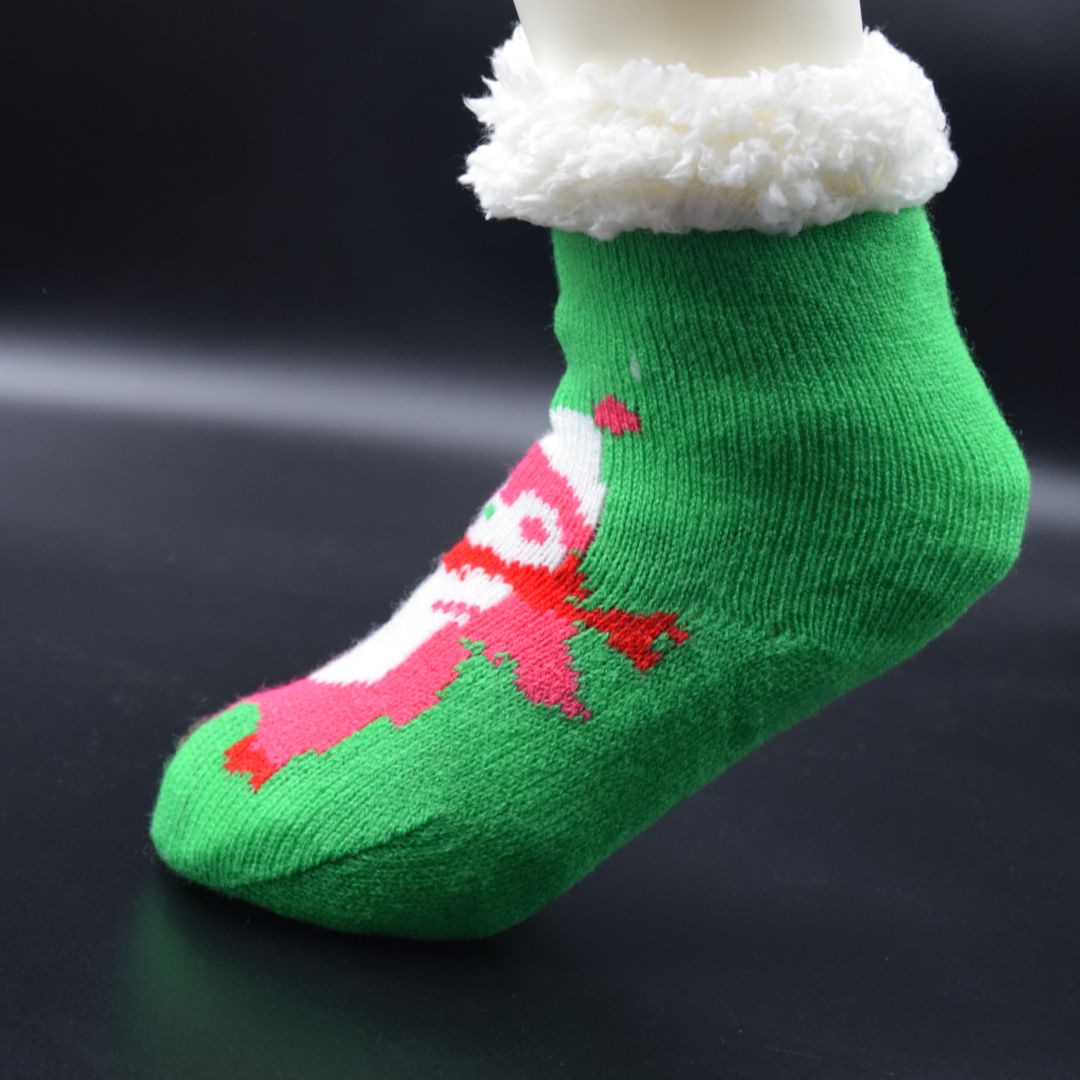 Ultra-Soft Plush Fleece Holiday Socks in Green with Character Motif, Sherpa Cuff, and Non-Skid Grips - Image 4
