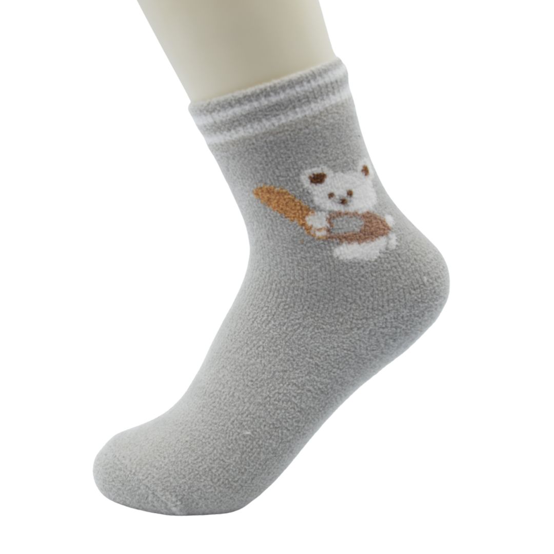 Ultra-Soft Fuzzy Grey Kids Crew Socks with Sweet Koala/Bear Design - Image 3