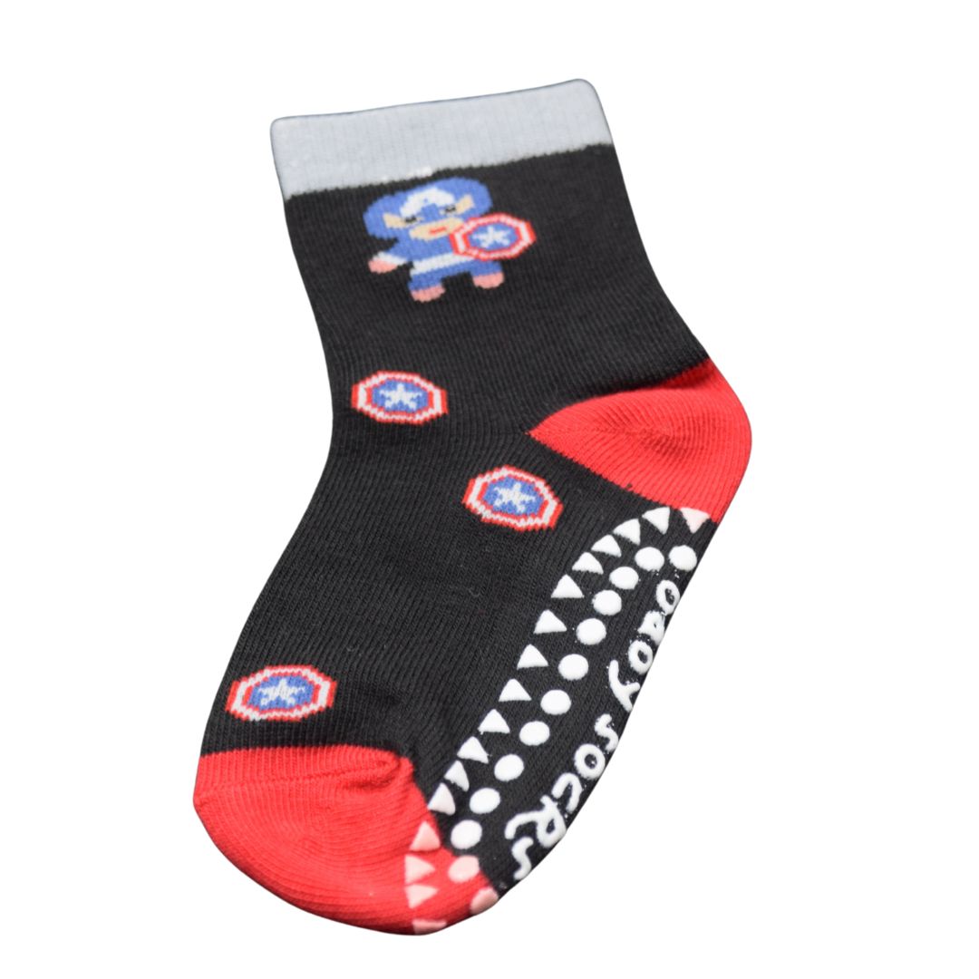 Kids' Anti-Skid Socks in Black/Red with Shield Print, Full Grip Sole - Image 4