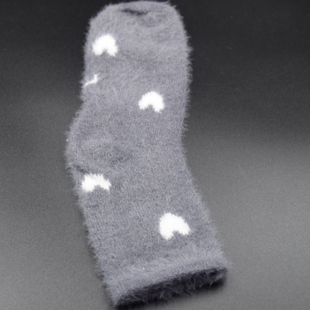 Fuzzy Grey Slipper Socks with White Hearts - Image 4