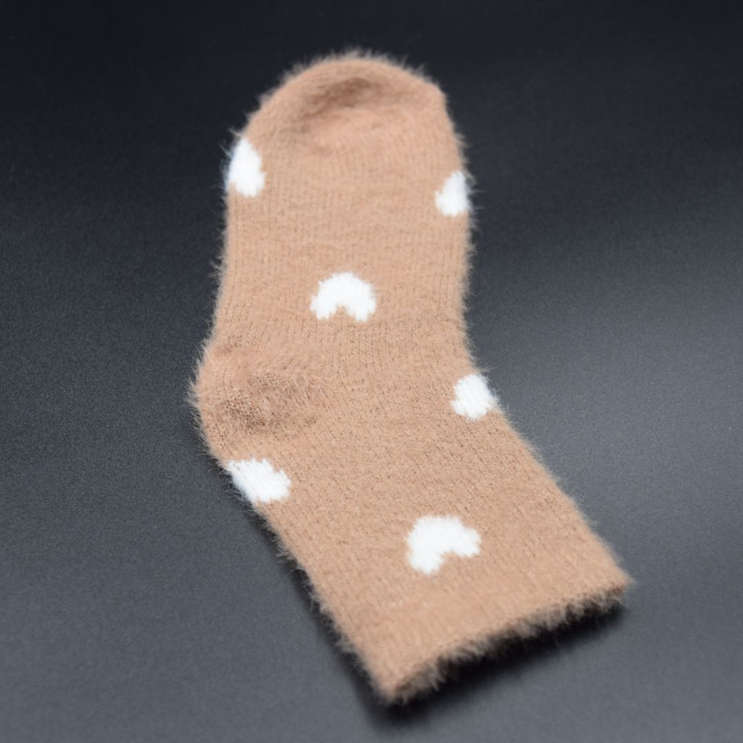 Tan Fuzzy Kids Socks | Ultra Soft Light Brown Heart Crew Socks - Image 4