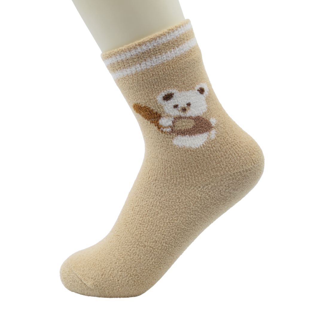 Ultra-Soft Fuzzy Beige/Tan Kids Crew Socks with Snuggle Bear Design - Image 4