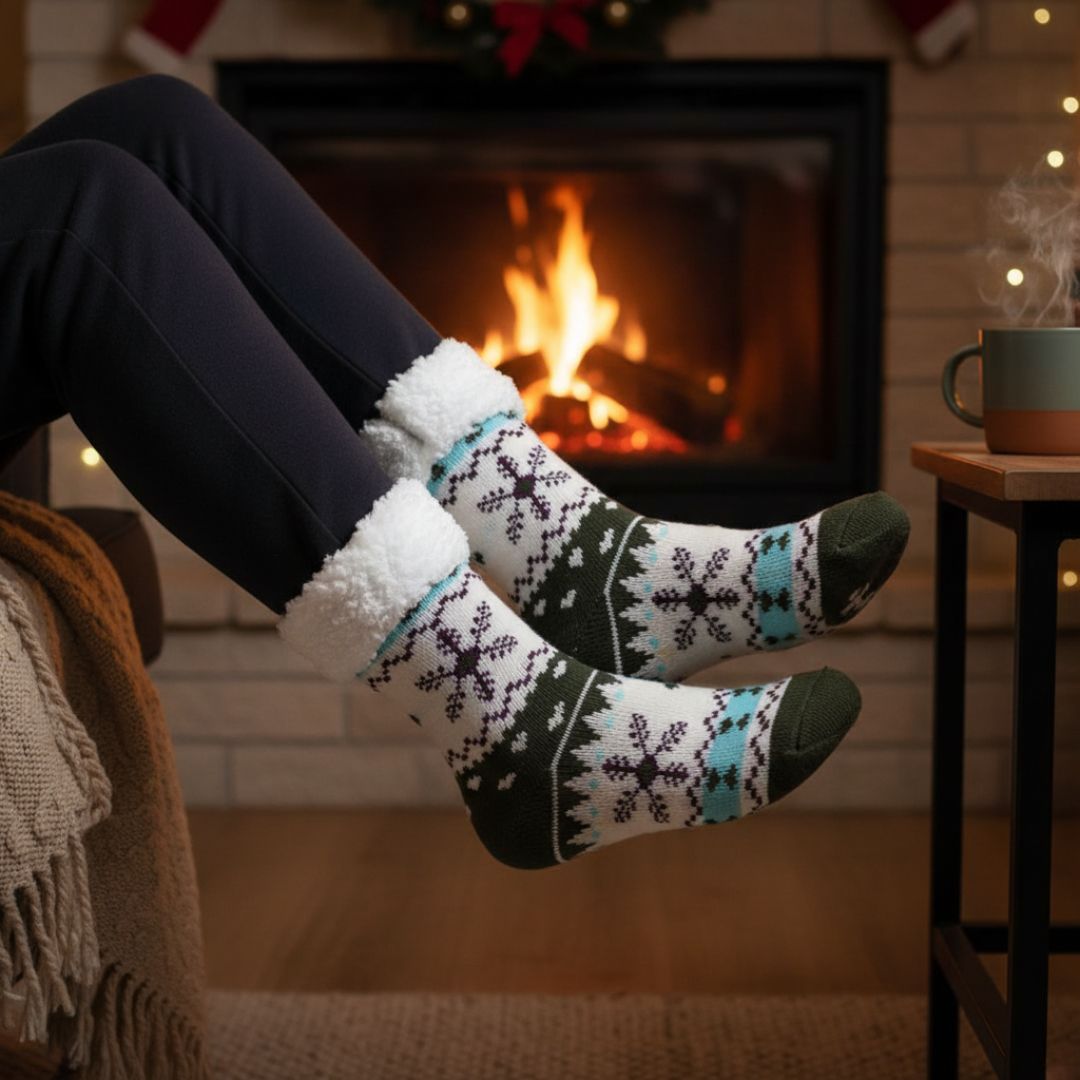 Green & White Anti-Slip House Socks | Warm Fleece-Lined Indoor Slipper Socks for Winter