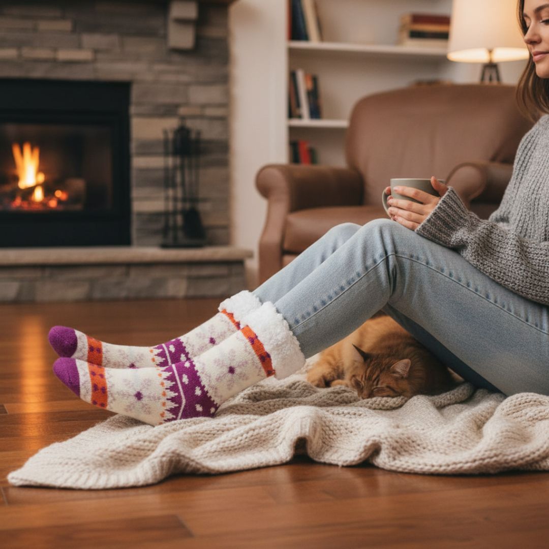 Purple & Cream Anti-Slip House Socks | Warm Sherpa Fleece-Lined Indoor Slipper Socks for Winter