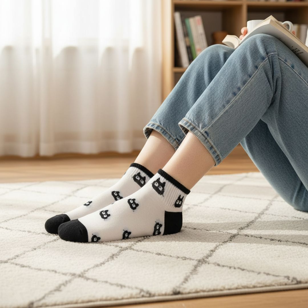 Cute Cartoon Face Ankle Socks | Soft Cotton Stretch Socks (White & Black) - Image 4