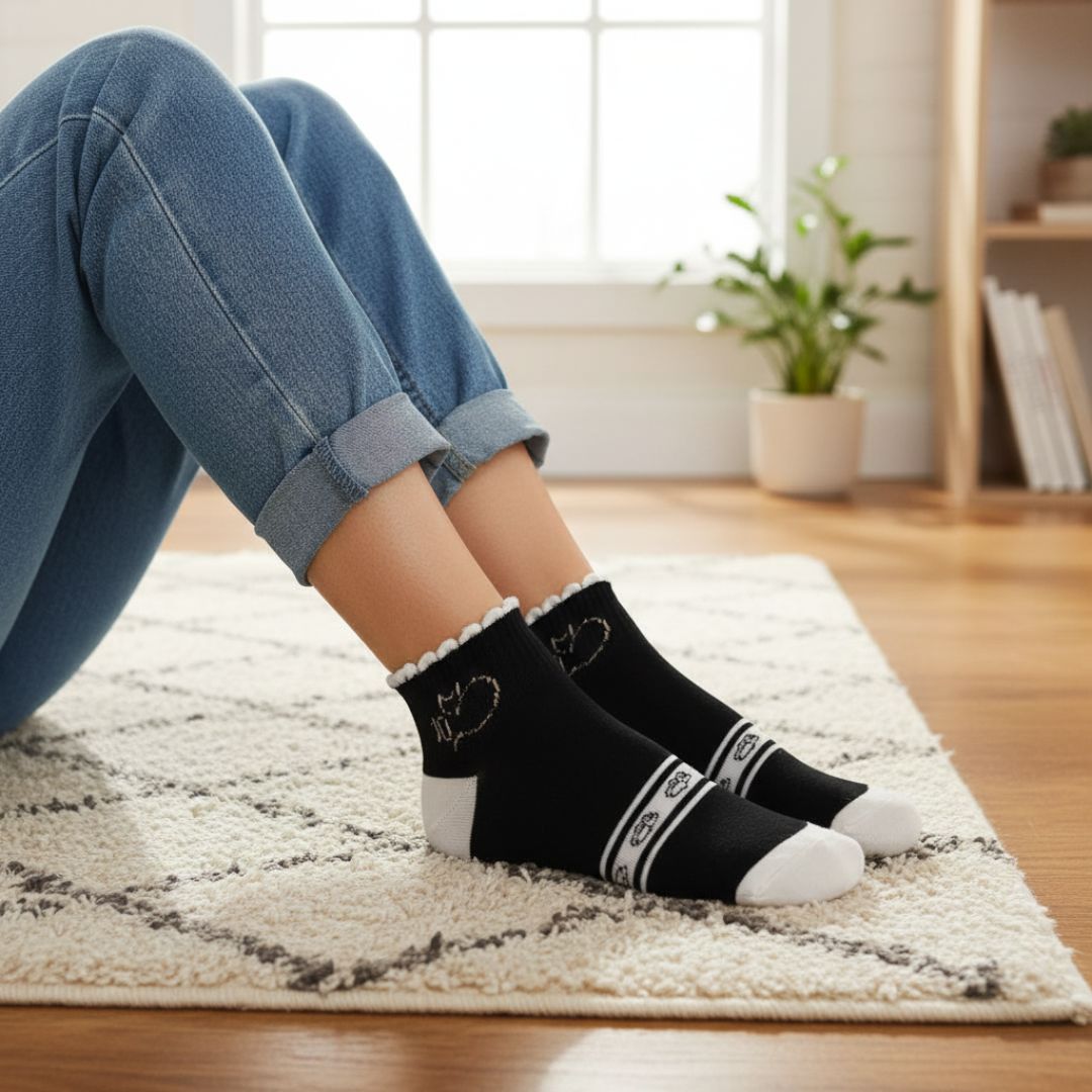 Black & White Cat Design Ankle Socks | Soft Cotton Cute Casual Socks for Women