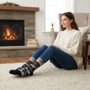 Black Woolen Thermal Socks | Soft Fleece-Lined Warm Winter Socks with Nordic Reindeer Pattern