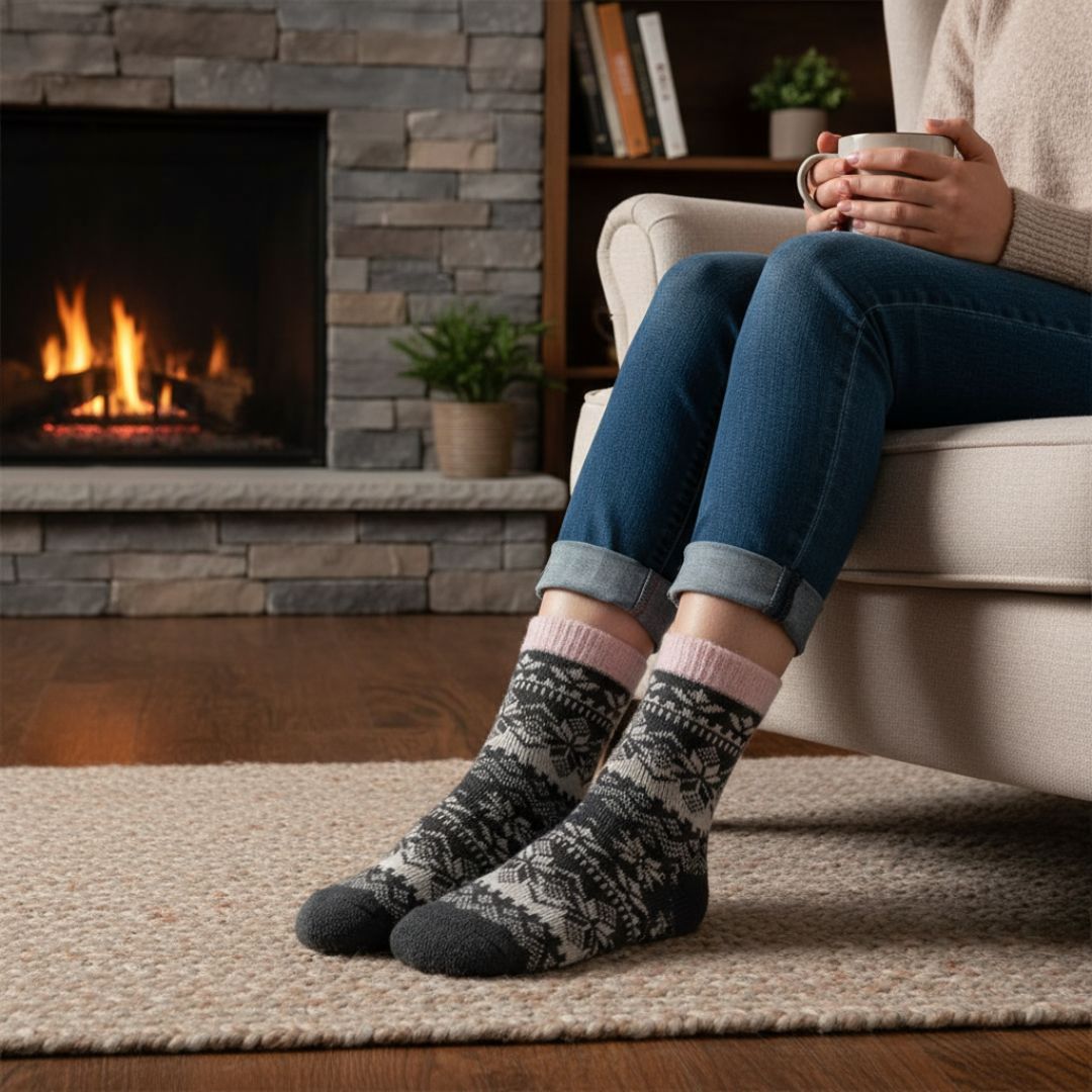 Grey & Pink Woolen Thermal Socks | Soft Fleece-Lined Warm Winter Socks for Women