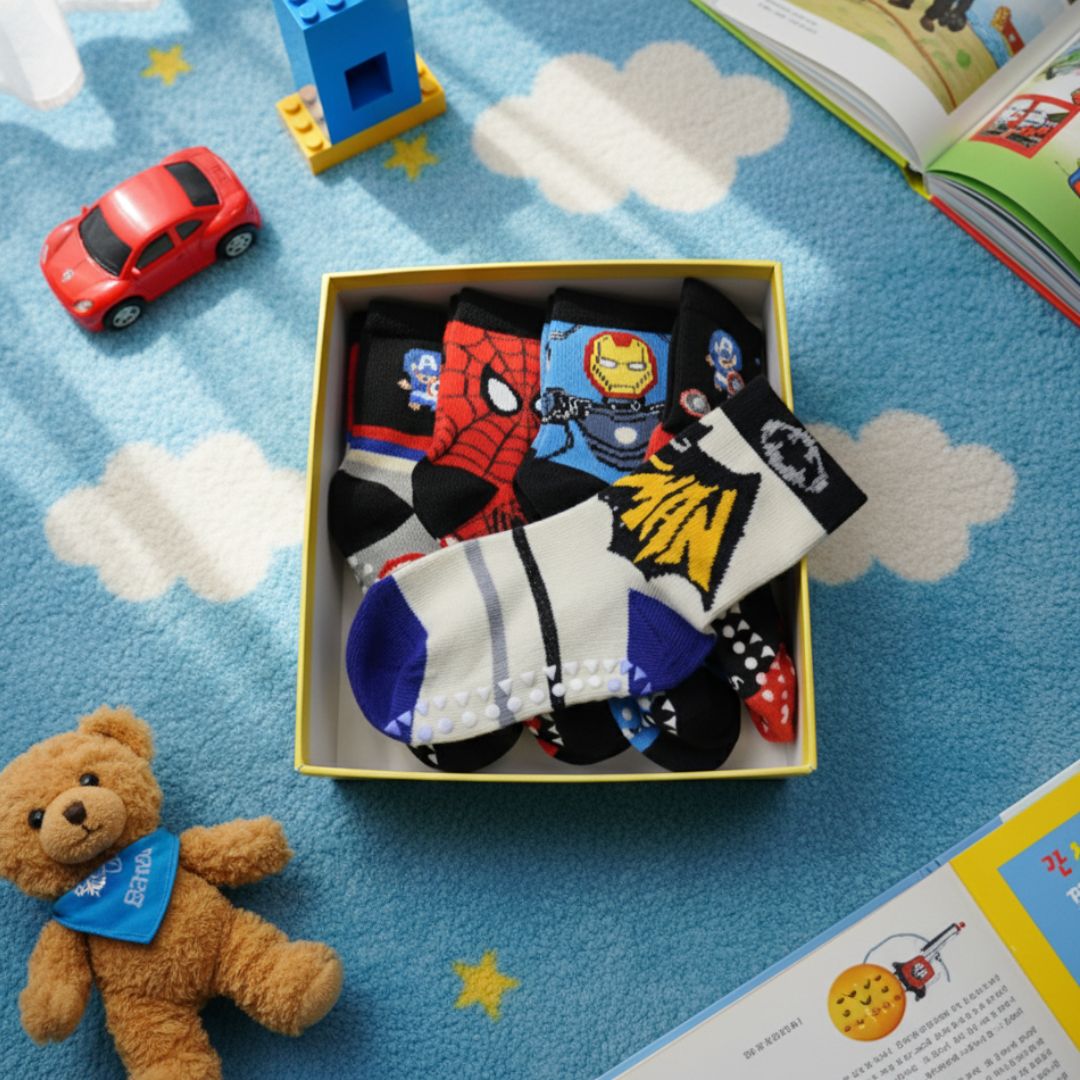 5-Pack Superhero Anti-Slip Kids Socks | Non-Skid Marvel & DC Style Children's Socks