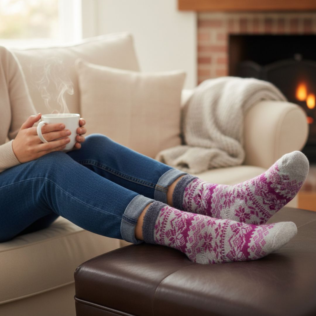Grey & Magenta Woolen Thermal Socks | Soft Fleece-Lined Warm Winter Socks